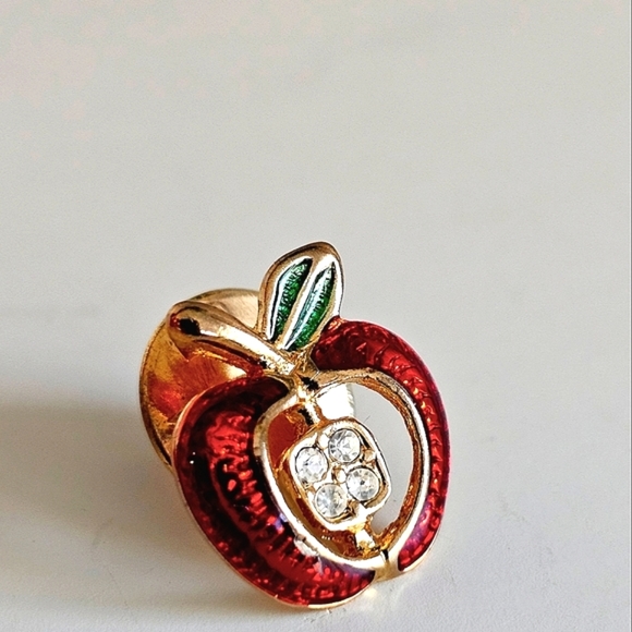 Red Apple Lapel Hat Jacket Pin With Four Clear Rhinestone Seeds, Original Box - Picture 4 of 8